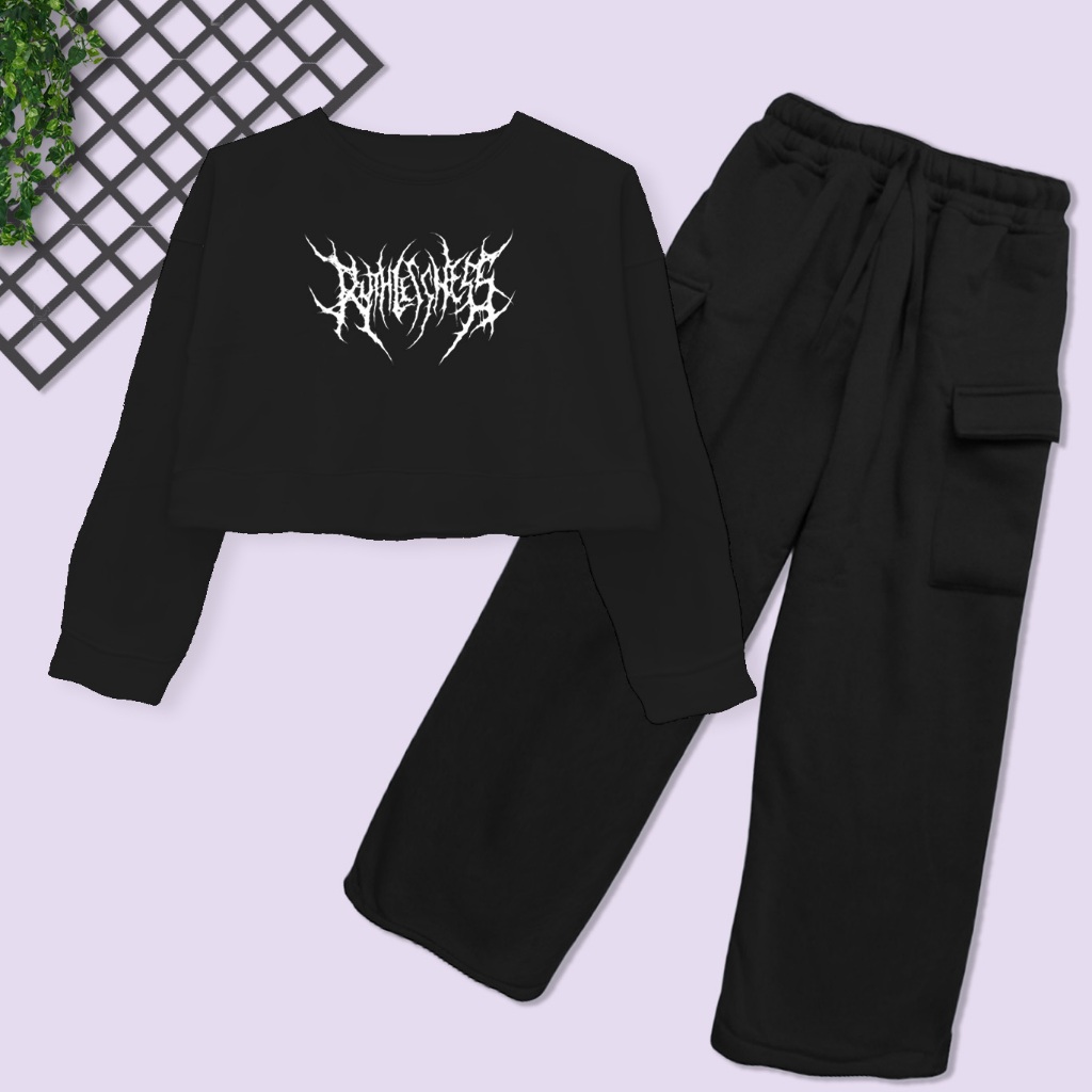 One Set Crop Long Slevee Dan Celana Kulot Cargo HARAJUKU