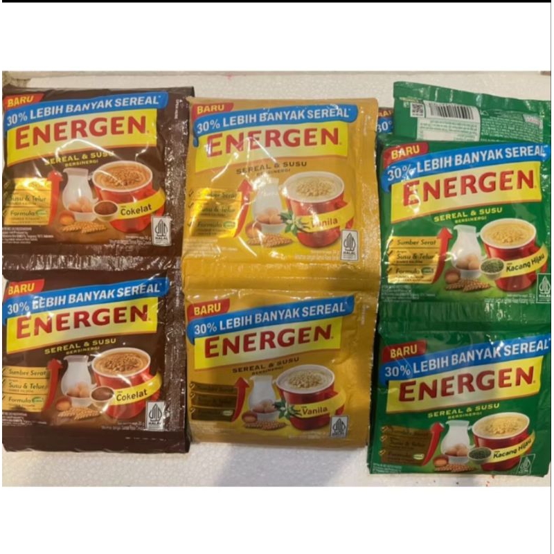 

ENERGEN3rasa susu serial Anika rasa, kacang hijau coklat vanila 1Renceng 10 sachet 35g