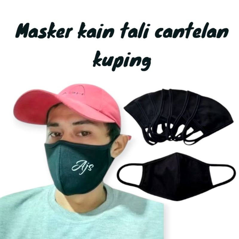 6PCS MASKER KAIN HITAM POLOS TALI KUPING/MASKER MULUT PRIA WANITA DEWASA