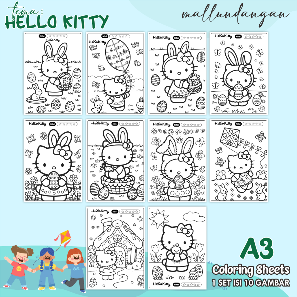

LEMBARAN MEWARNAI ANAK A3 - TEMA HELLO KITTY - PAPER COLORING SHEETS FOR KIDS