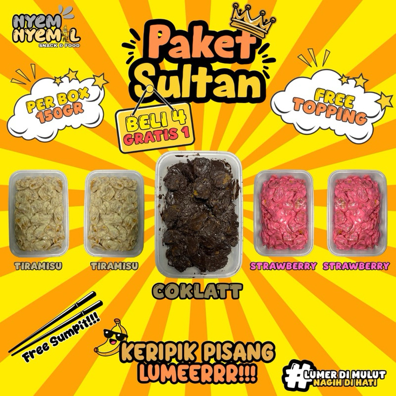 

PROMO SPESIAL (BELI 4 GRATIS 1) KERIPIK PISANG COKLAT LUMER PREMIUM BY NYEMNYEMIL | KERIPIK PISANG LUMER 750GR/2500ML