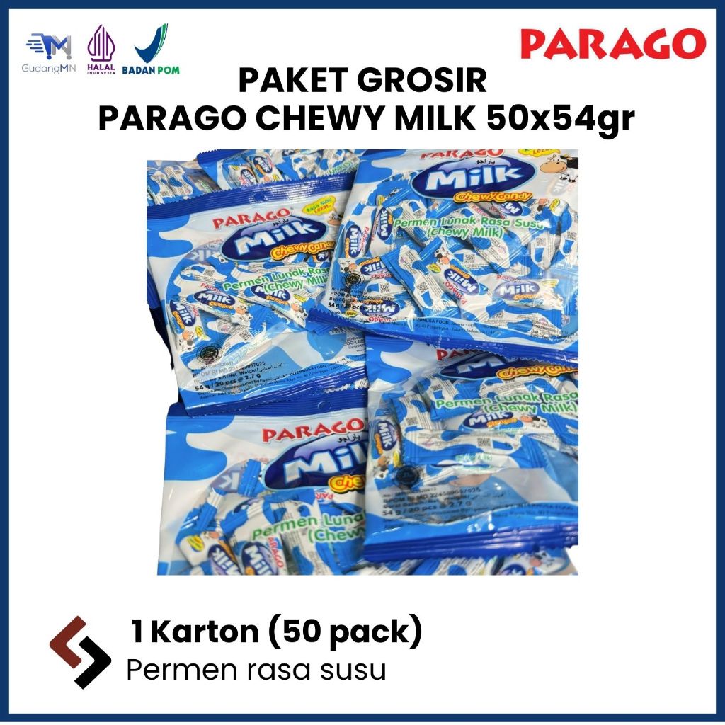 

[PAKET GROSIR 1 KARTON=50PACK] PARAGO CHEWY MILK 54 gr | PERMEN RASA SUSU
