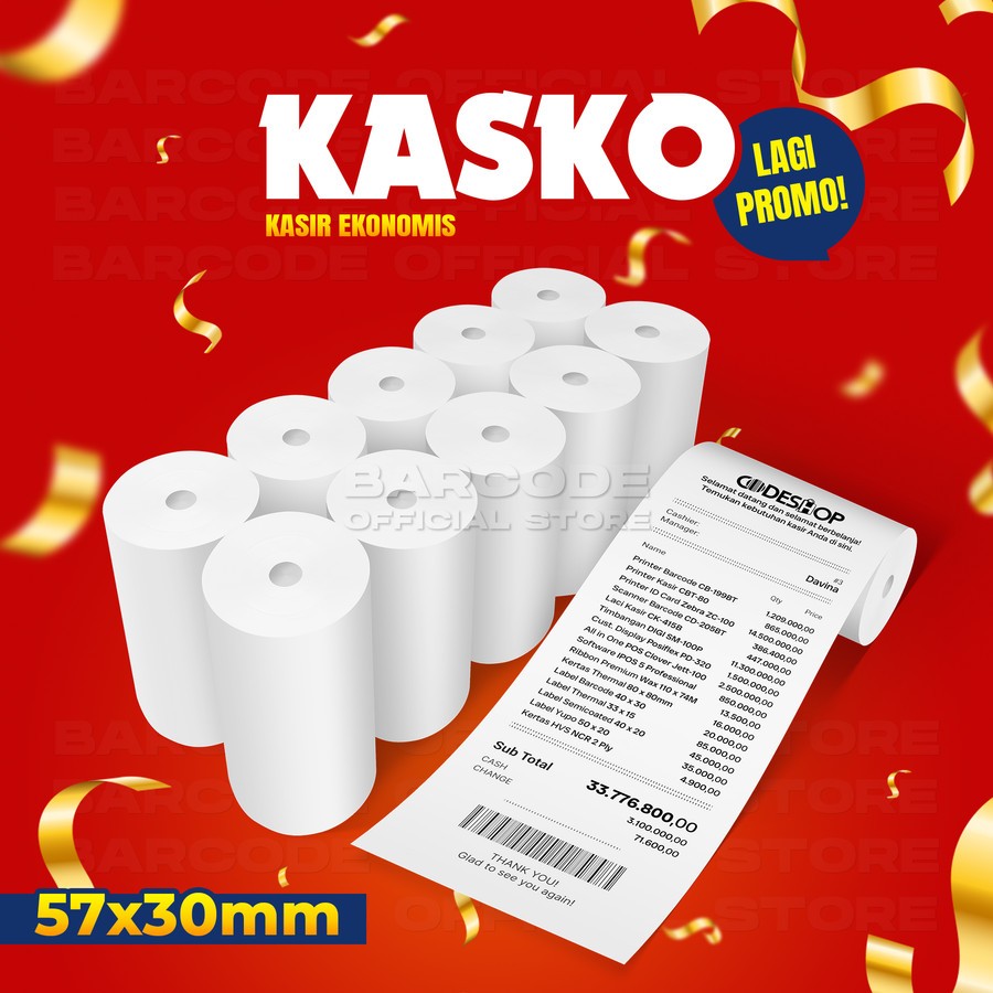 

Kertas Termal 57 x 30 Receipt Printer 58mm Paper Roll Thermal 57mm x 30mm Kasko Kasir Ekonomis