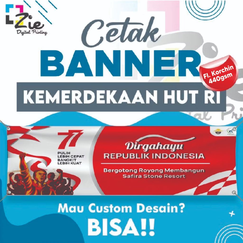 Cetak Banner Kemerdekaan HUT RI Frontlite Bahan Korchin 440gr Spanduk Backdrop Custom