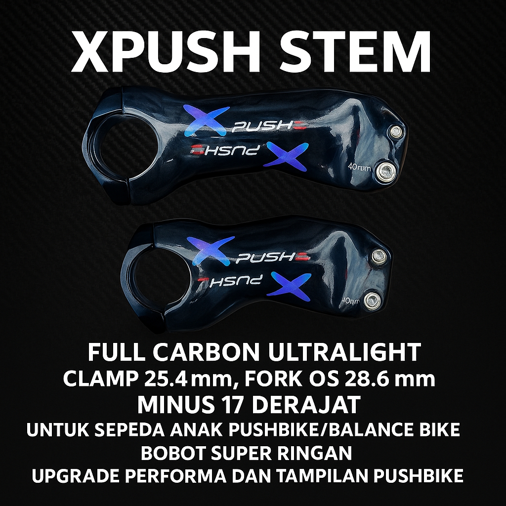 XPUSH Stem Full Carbon Ultralight, Clamp 25.4mm, Fork OS 28.6mm, Minus 17 Derajat, Untuk Sepeda Anak