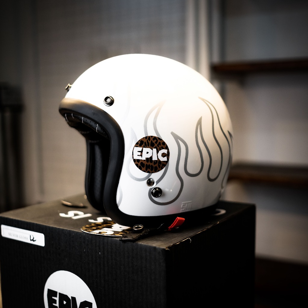 Epic Veil Slim Head EV-500 Open Face White Flame Pattern List Black Helm Half Face SNI