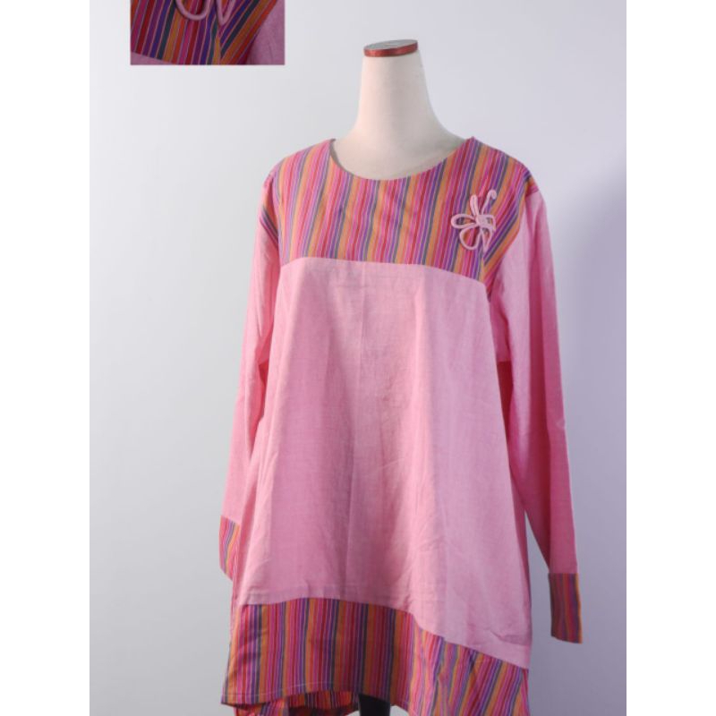 Tunik Lurik Pedan Kombinasi Bahan Polos Pakaian Wanita