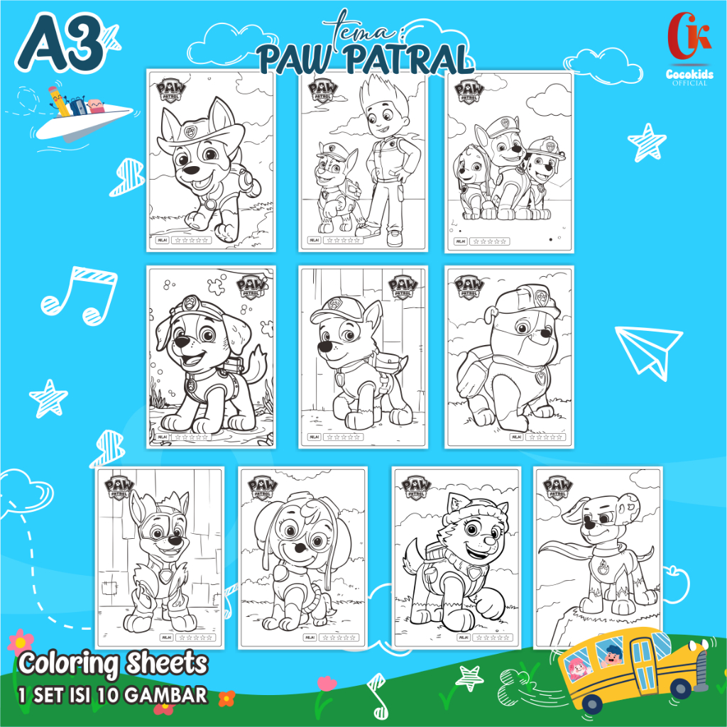 (PAW PATRAL 01) KERTAS MEWARNAI ANAK A3 - COLORING SHEETS SERIES 1 - LEMBAR MEWARNAI ANAK PAUD/TK/SD