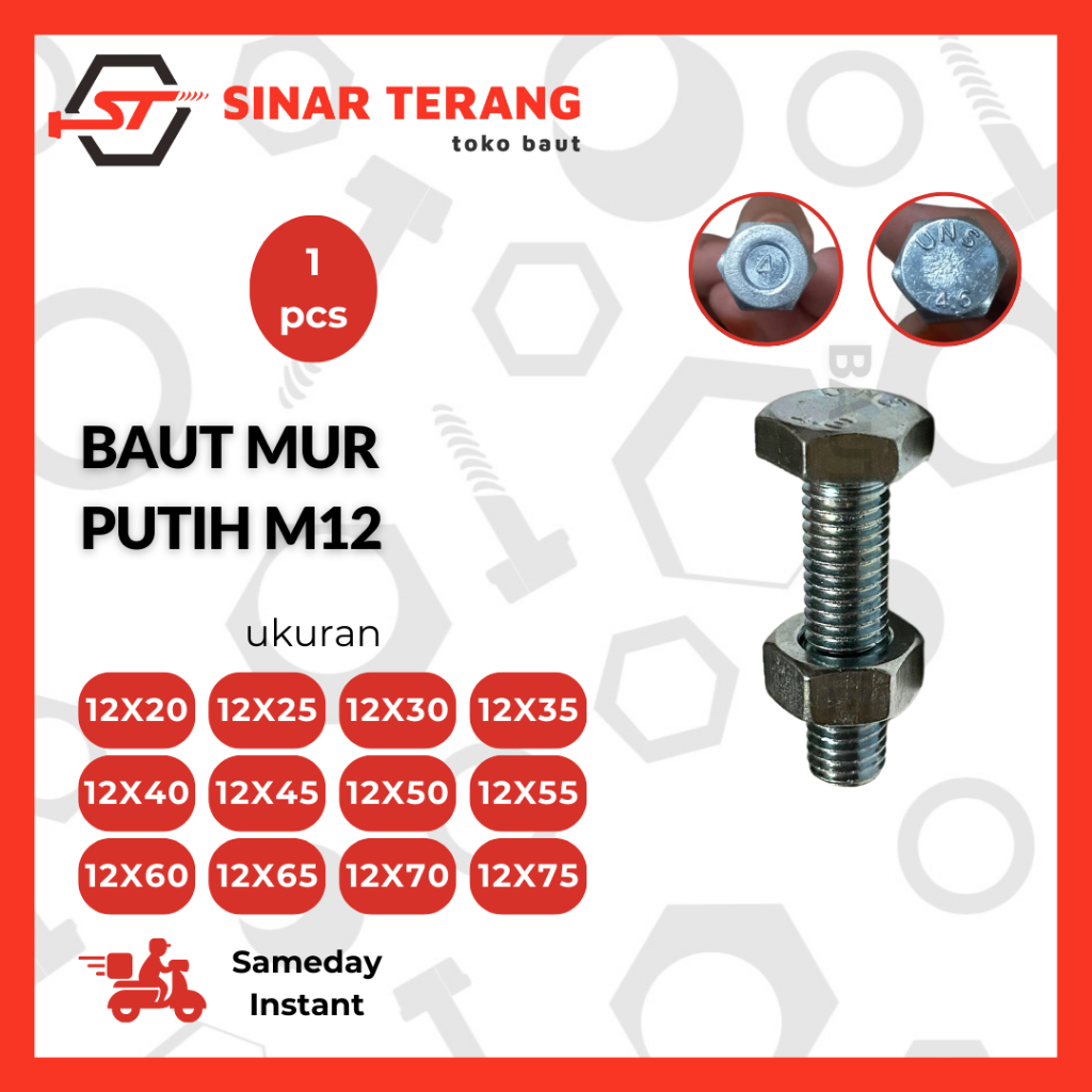 Baut Dan Mur Besi Putih M12 20MM - 110MM - Baut Putih Kunci 19 - Baut Galvanis - Bolt Nut White - Ba