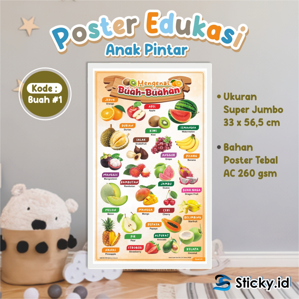 

POSTER BELAJAR EDUKASI ANAK BERAGAM VARIASI - POSTER GAMBAR BERWARNA TEMA BUAH 01 READY STOCK