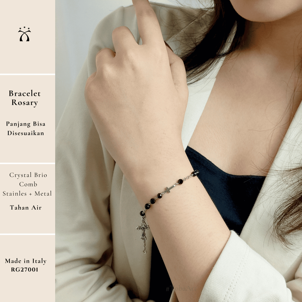 TobaArt-Bracelet Rosary and Trinity Cross with Crystal Briolette Black Collection 4 mm