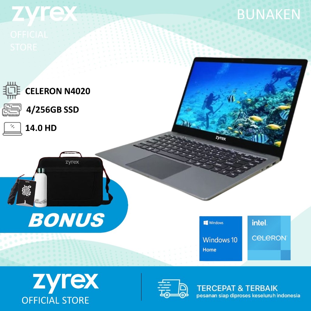 LAPTOP ZYREX BUNAKEN CELERON N4020 RAM 4GB 256GB SSD + 64GB WINDOWS 10 14 FHD