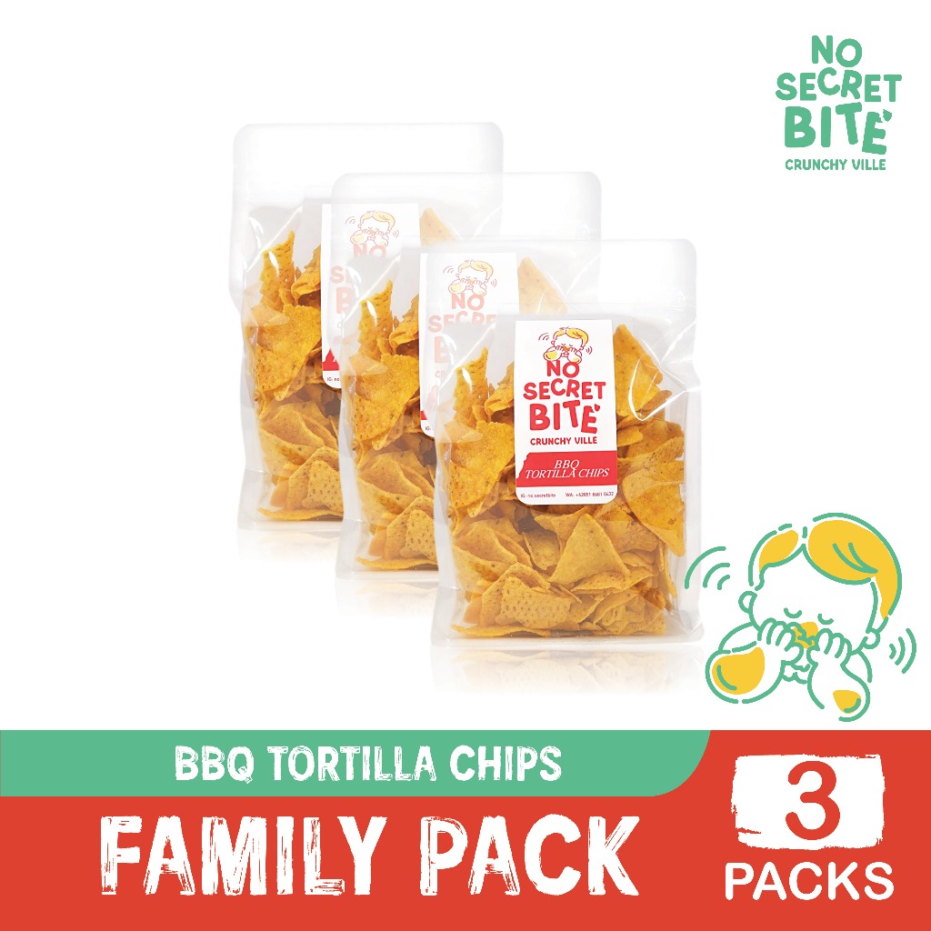 

NO SECRET BITE - Makanan Ringan Snack Keripik Jagung Asin Gurih BBQ Barbeque Tortilla Chips FAMILY PACK 3x150g