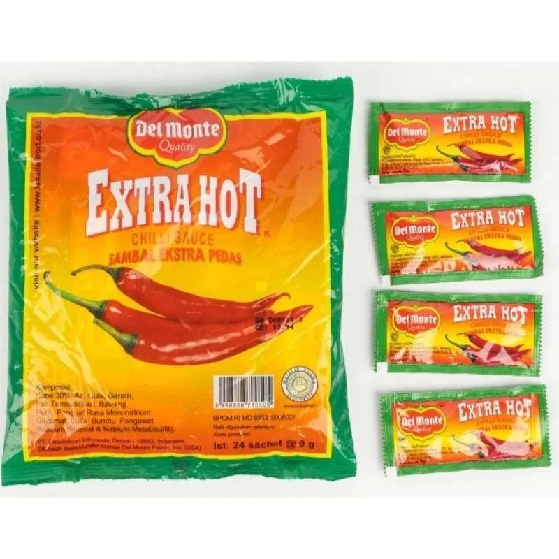 

Delmonte Saus saos extra hot 8 gr (isi 24 sachet)