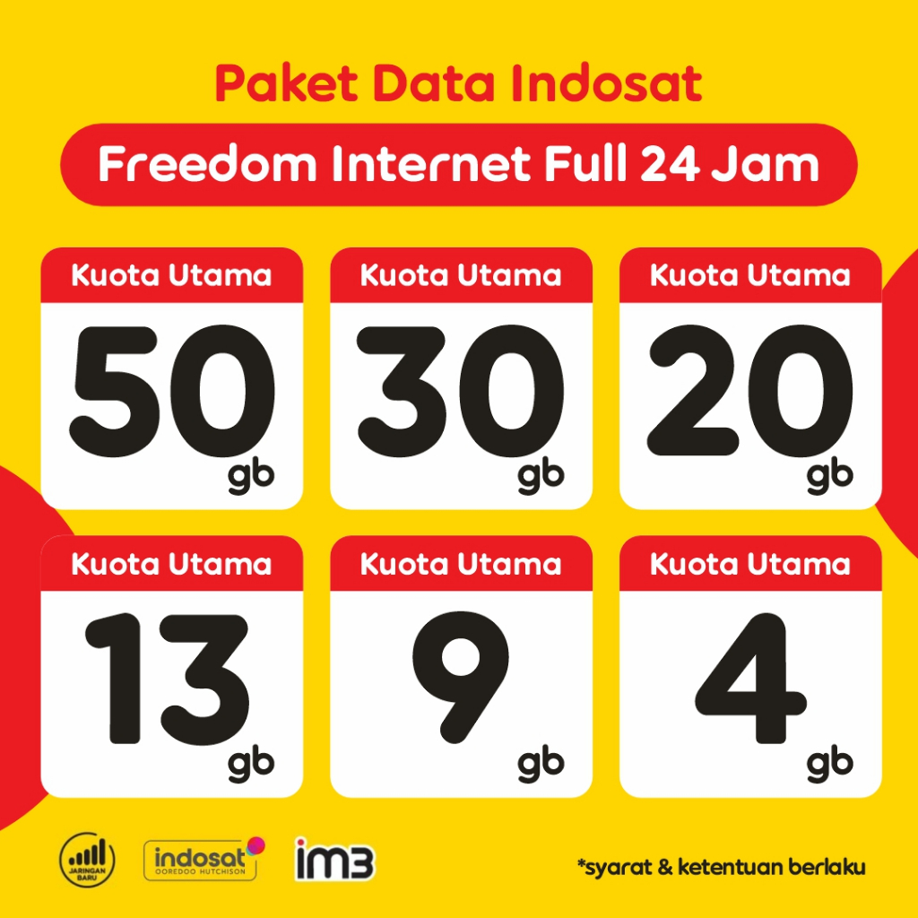BERGARANSI Kuota Indosat 24 Jam 9GB – 50GB | Paket FREEDOM Internet IM3 | Langsung Aktif