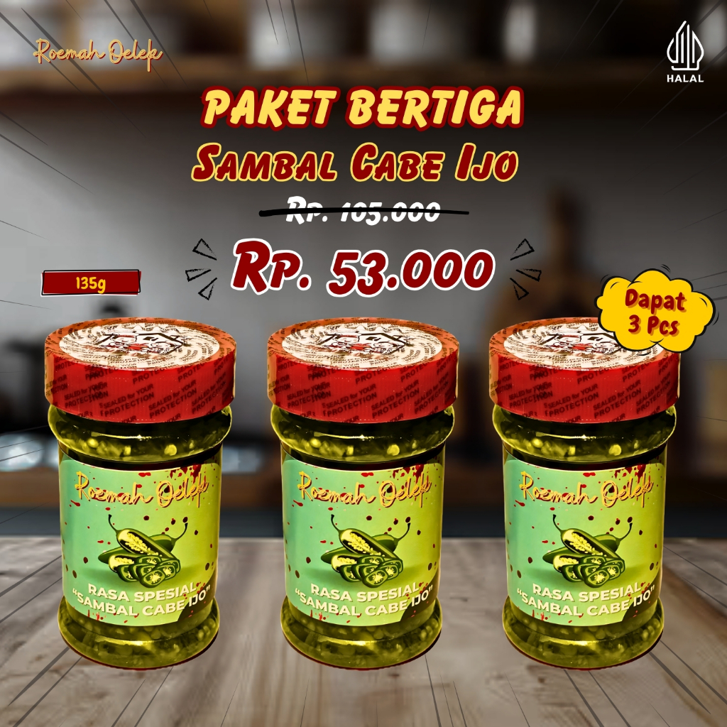 

Paket Bertiga Sambal Cabe Ijo 135gr – Segar Pedas Bikin Nambah! | Roemah Oelek
