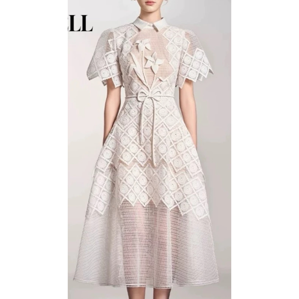 dress korea GAUN PUTIH ANGGUN PITA Ready L- XL Lova dress midi dress gaun pesta premium LAUD PREMIUM