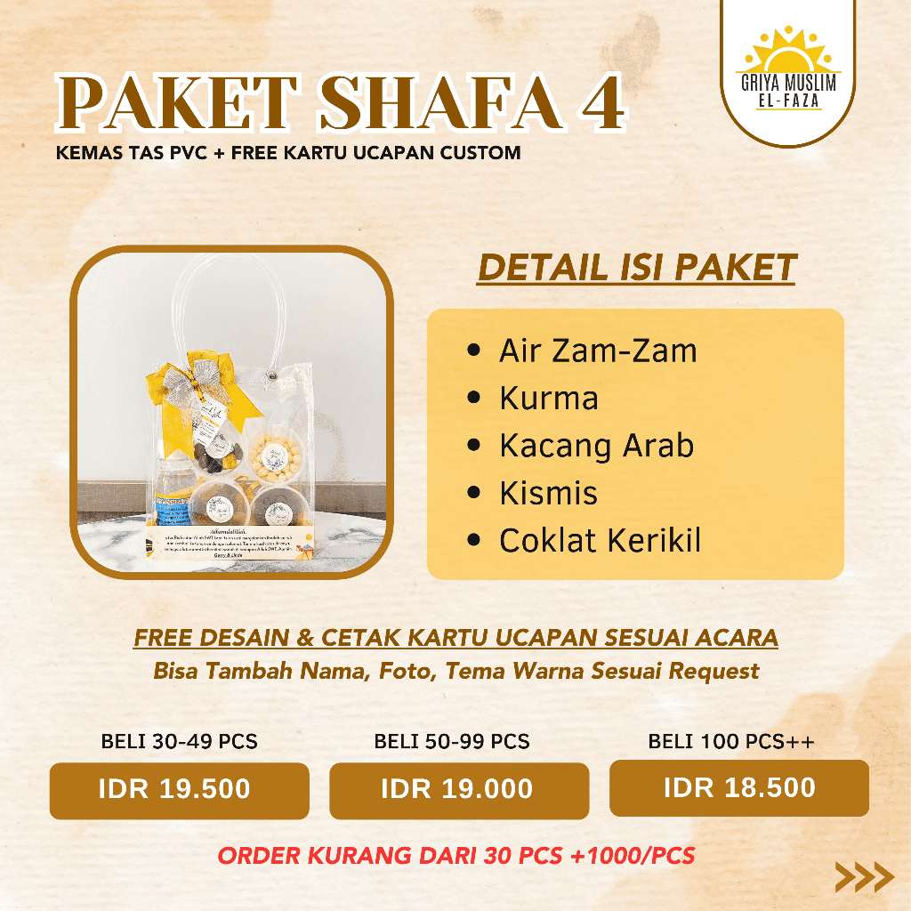 PAKET SHAFA 4 Kemas PVC | Snack Arab | Oleh-Oleh Haji | Oleh-Oleh Umroh | Air Zam Zam | Kurma | Kaca