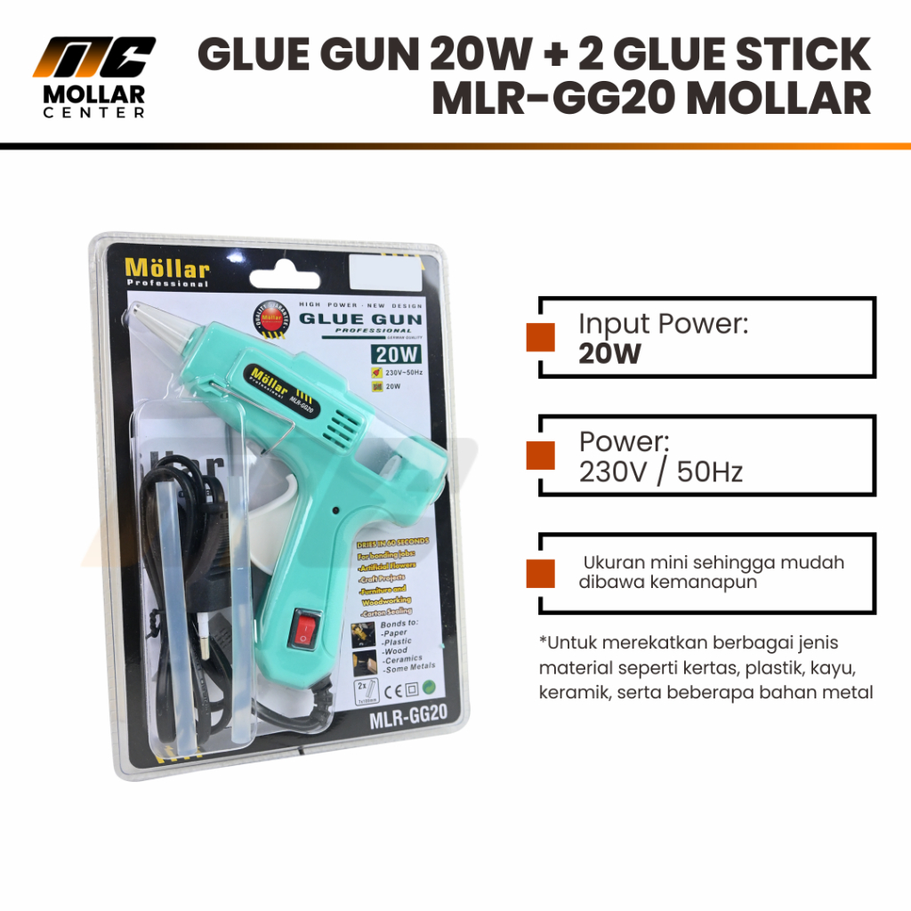 

PAKET MOLLAR GLUE GUN 20 WATT PINK & 5 PCS REFILL LILIN LEM TEMBAK