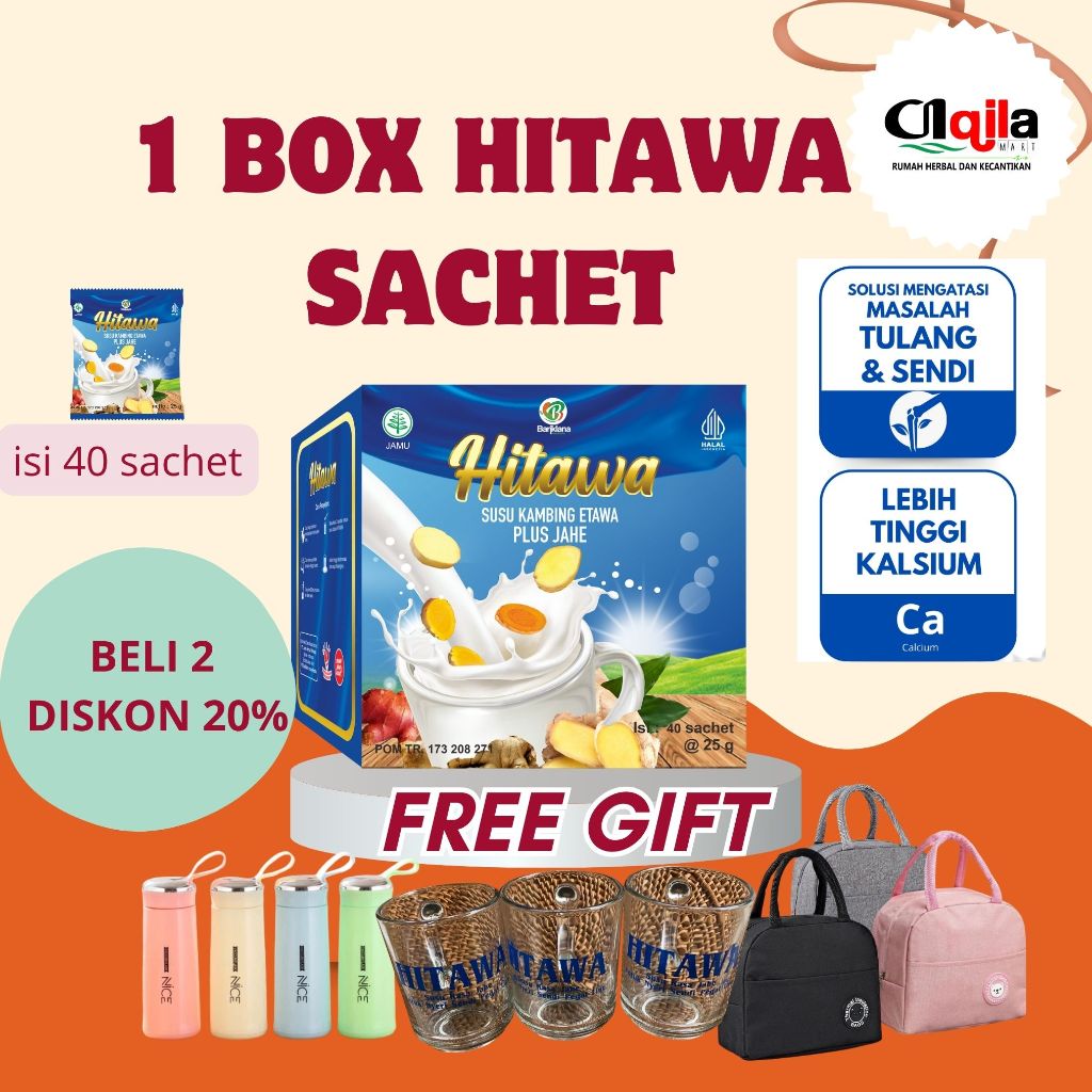 

HITAWA Sachet 1 Box isi 40 sachet Susu Etawa Jahe Baik untuk Nyeri Sendi Asam Urat Gratis 1 Gelas