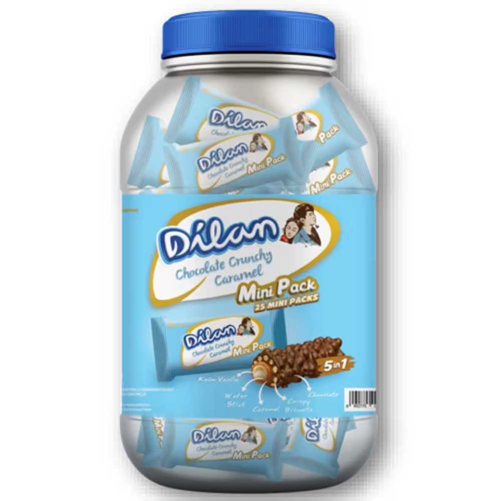 

DILAN CHOCOLATE CRUNCHY CARAMEL MINI PACK 5 IN 1 ISI 25PCS @9,5gr DILAN TOPLES