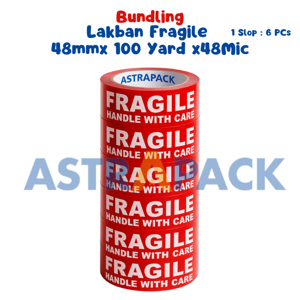 

Bundling Astrapack Lakban Fragile 48 mm x 100 Yard | Isolasi OPP Jangan Dibanting 1 Slop isi 6 Pcs