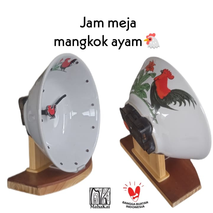 Jam meja table clock mangkok porcelain unik ayam jago meja kayu beling aesthetic hadiah unik mesin j