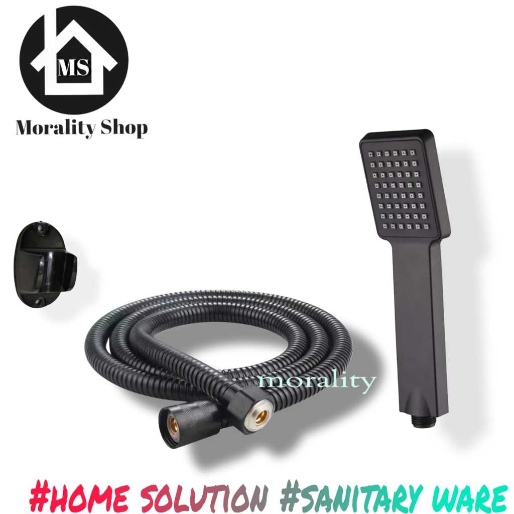 hand shower hitam set selang stainless 121BL / kepala shower mandi plastik kotak black minimalis