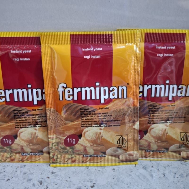 

Fermipan sachet 11gr halal ragi instan pengembang roti, donat, kue, ragi instan halal termurah