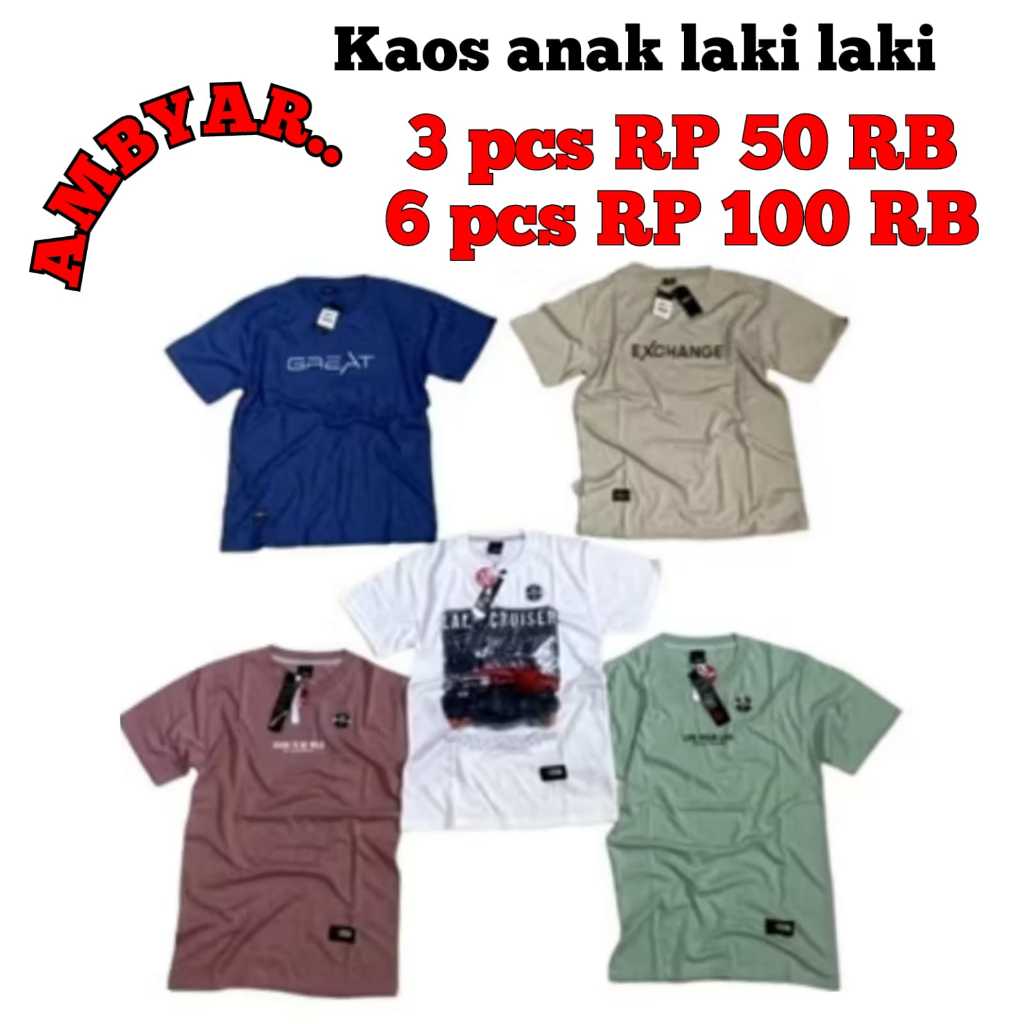 PROMO PAKET 6 PCS 100RBan kaos anak / kaos distro anak UMUR 4 - 15 TAHUN /kaos anak keren/5 pcs 100 