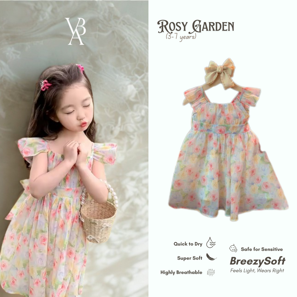Venta Baby - Rosy Garden Dress Gaun Sifon Motif Bunga Pastel Anak Perempuan 3-7 Tahun