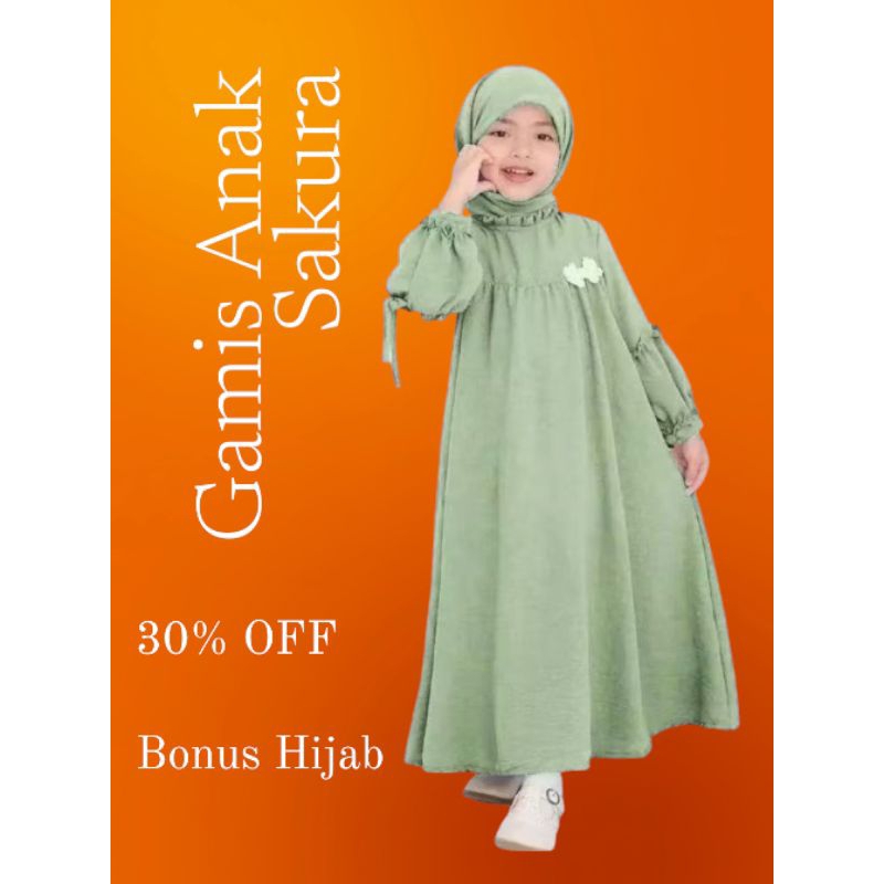 Baju Gamis Anak Perempuan Sakura Gamis Plus Hijab Crinkle Airflow Dress Muslim Cewek Harian Lebaran 