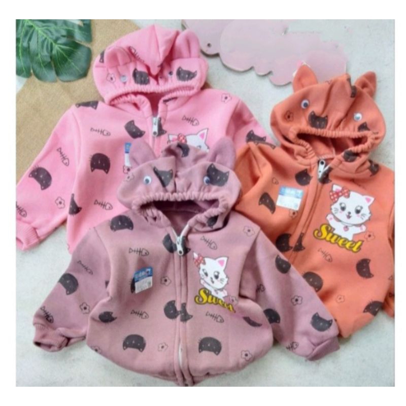 Jaket flace Hoodie kerut + kuping motif sweet cat