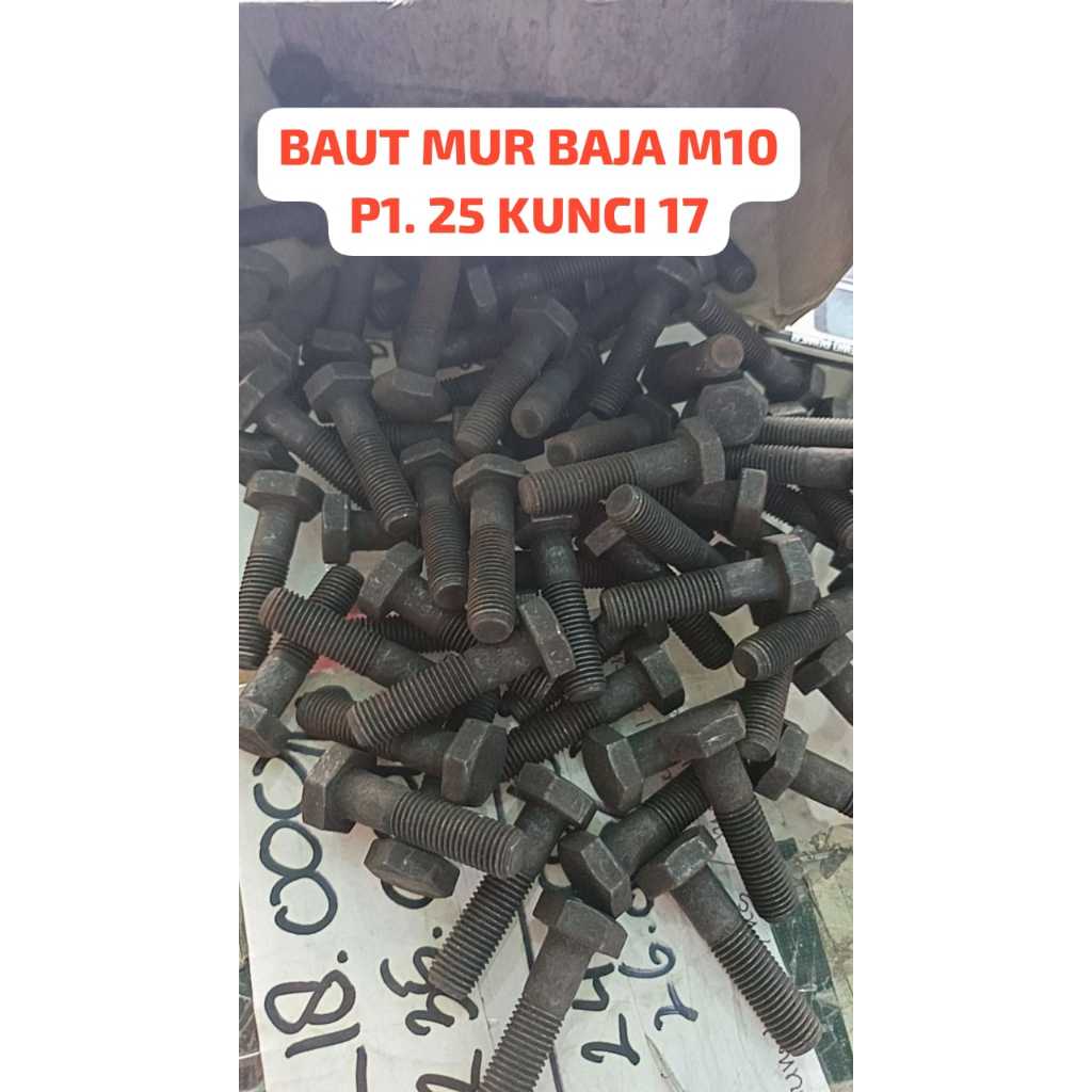 BAUT MUR BAJA M10 KUNCI 17 DRAT HALUS P1.25 PANJANG M10x20MM - M10x150MM / BAUT BAJA 17 M10 DRAT HAL