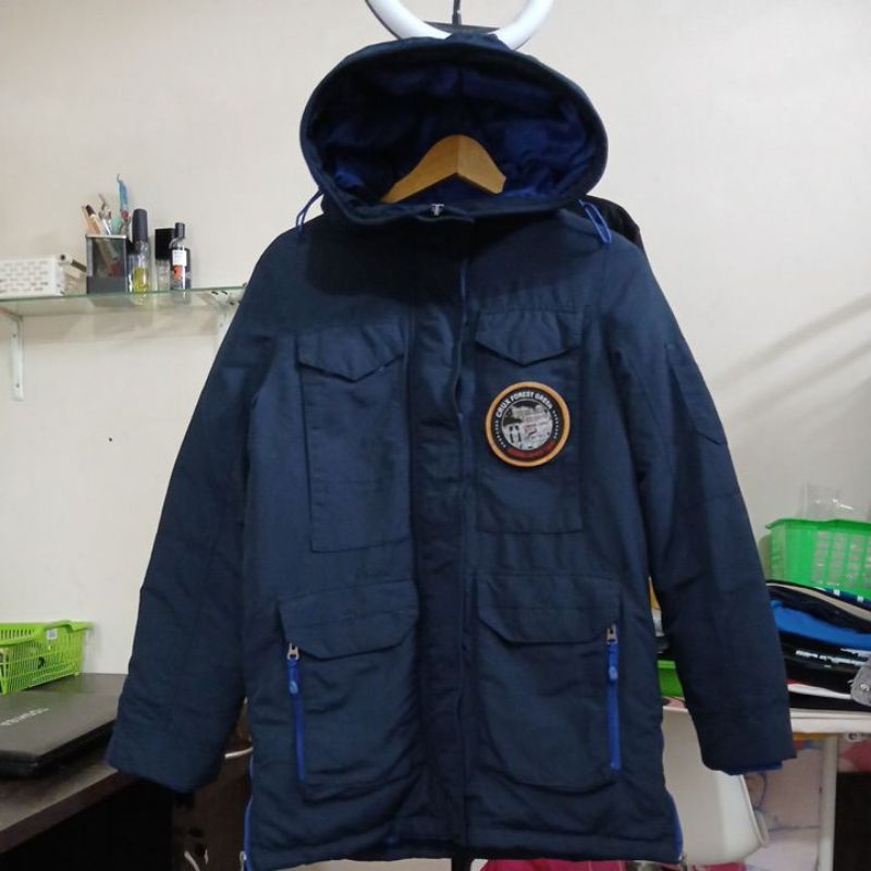 Jeket bulu angsa CRUX second Original warna navy pekat kaku super tebal resleting embos berat size L