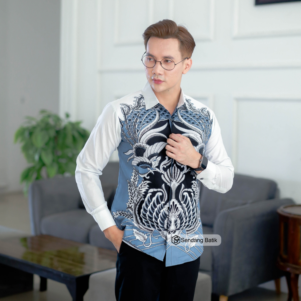 SENDANG BATIK Kemeja Batik Pria Lengan Panjang Motif Aswangga Ice Blue Kerah Kemeja Slimfit Bahan Ka