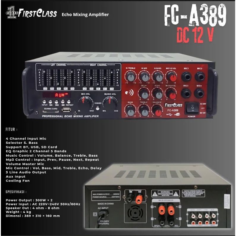 Amplifier Karaoke Firstclass FC A389 / FCA 389 / FC-A389 Amplifier Mini Bluetooth 300 watt x 2