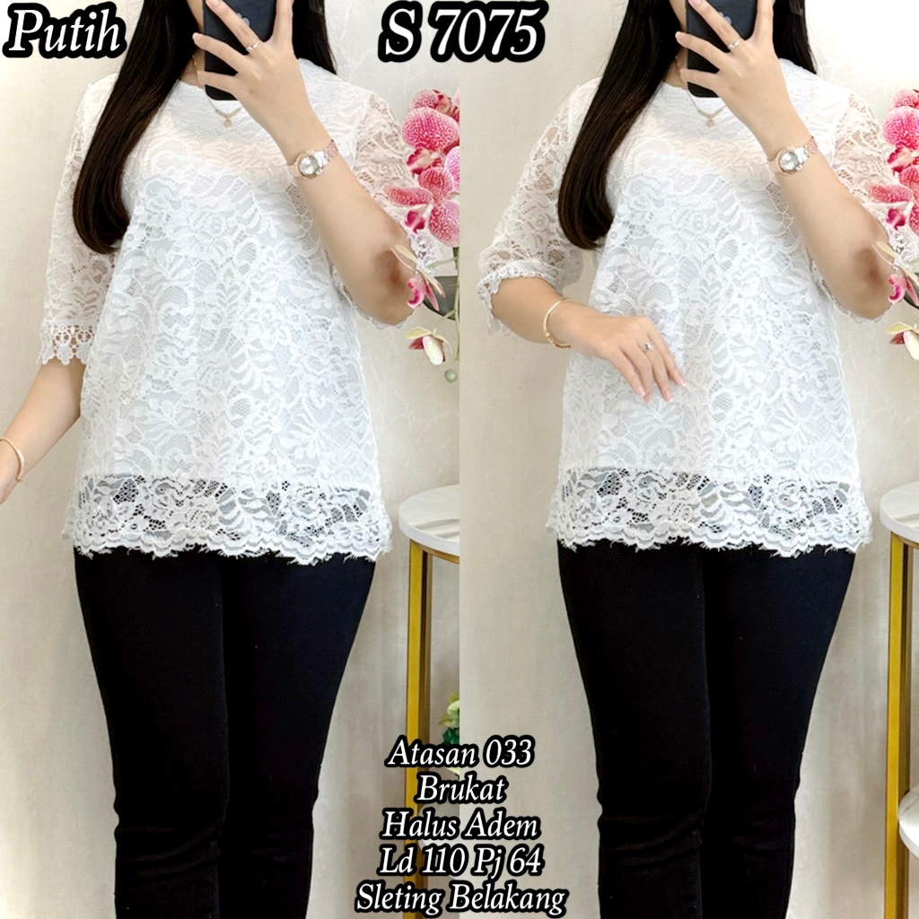 7075 Atasan Brukat Tile Putih Blouse Polos Wanita 033