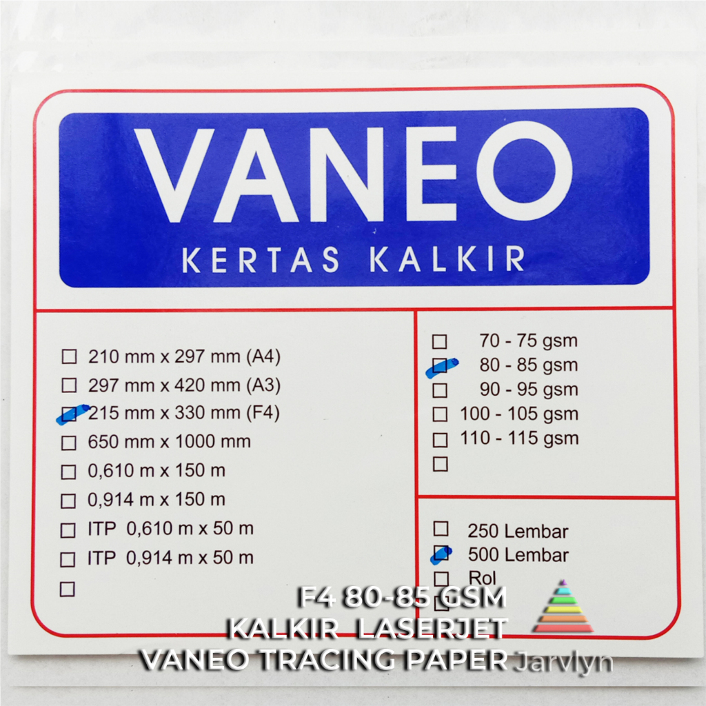 

JARVLYN - VANEO KERTAS KALKIR FOLIO F4 80/85 GSM LASERJET TRACING PAPER GAMBAR ARSITEK FILM STENCIL