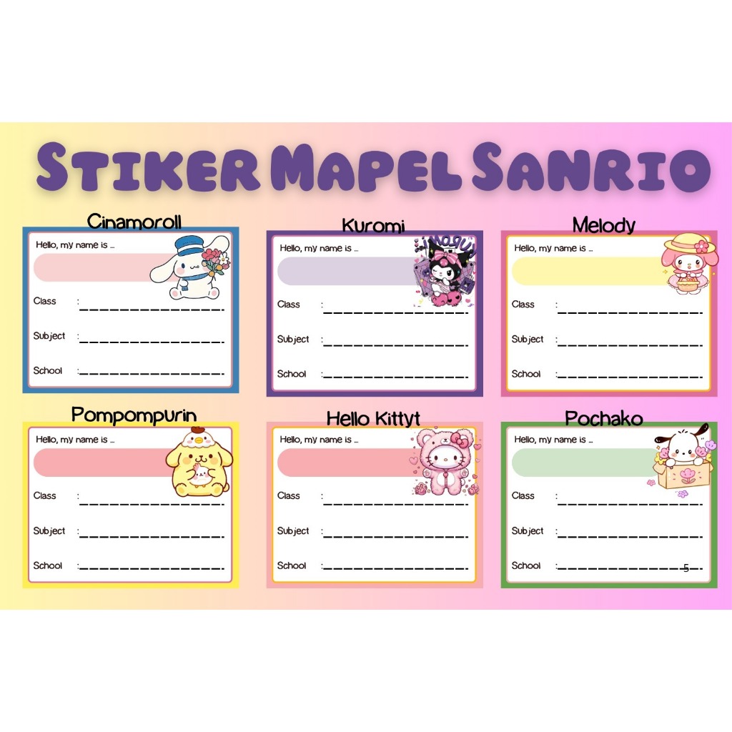 

10Pcs Stiker Mapel Sanrio Label Buku Pelajaran Sekolah Stiker mata pelajaran