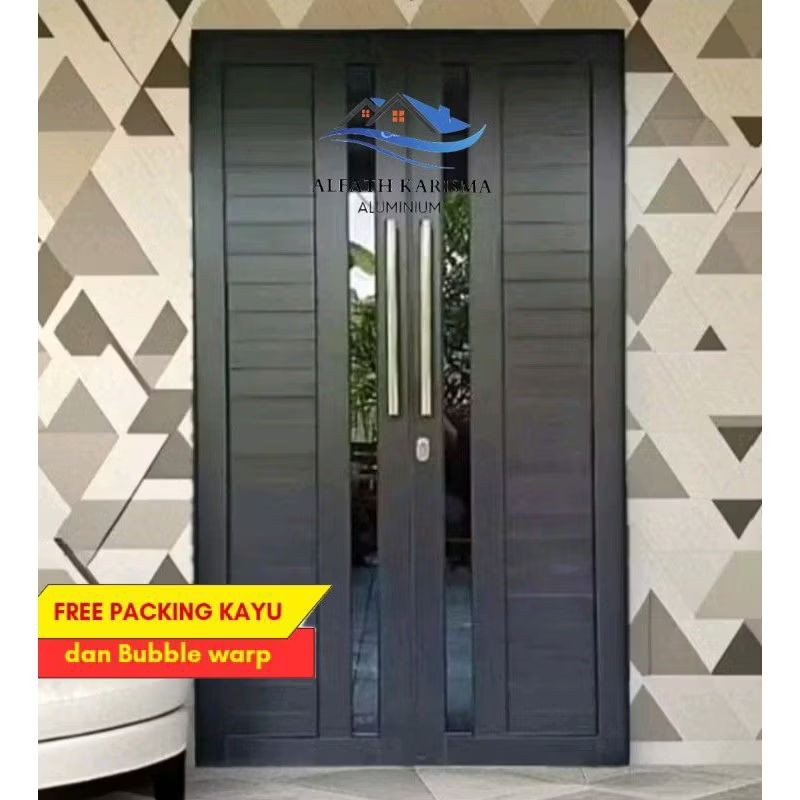 PINTU UTAMA KUPU TARUNG Aluminium model 2 garis kaca full set T200xL120 dll. (bisa custom ukuran dan