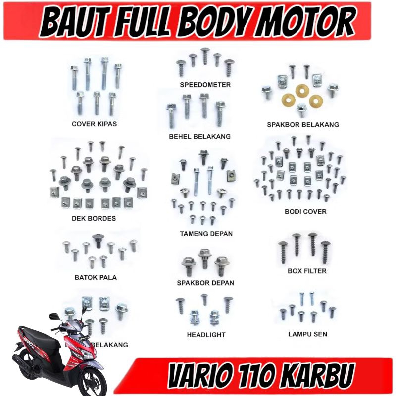 Baut Body Vario Karbu 110 Fullset / Baut Full body Baut Vario Lama Vario 110 Baut Motor Lengkap