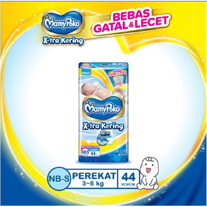 (1 Pack) NBS44 MamyPoko X-tra Kering / Pampers / Popok Bayi Perekat Newborn Bayi Baru Lahir