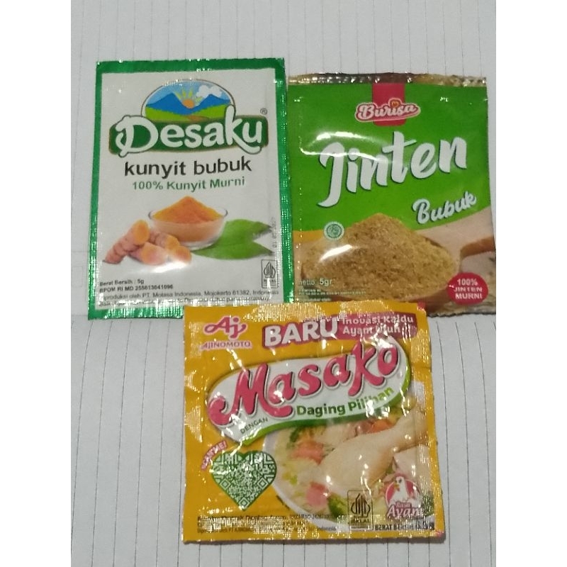 

Kunyit bubuk+Masako+Jinten bubuk 5 gram Paket 2Y (TRB82)