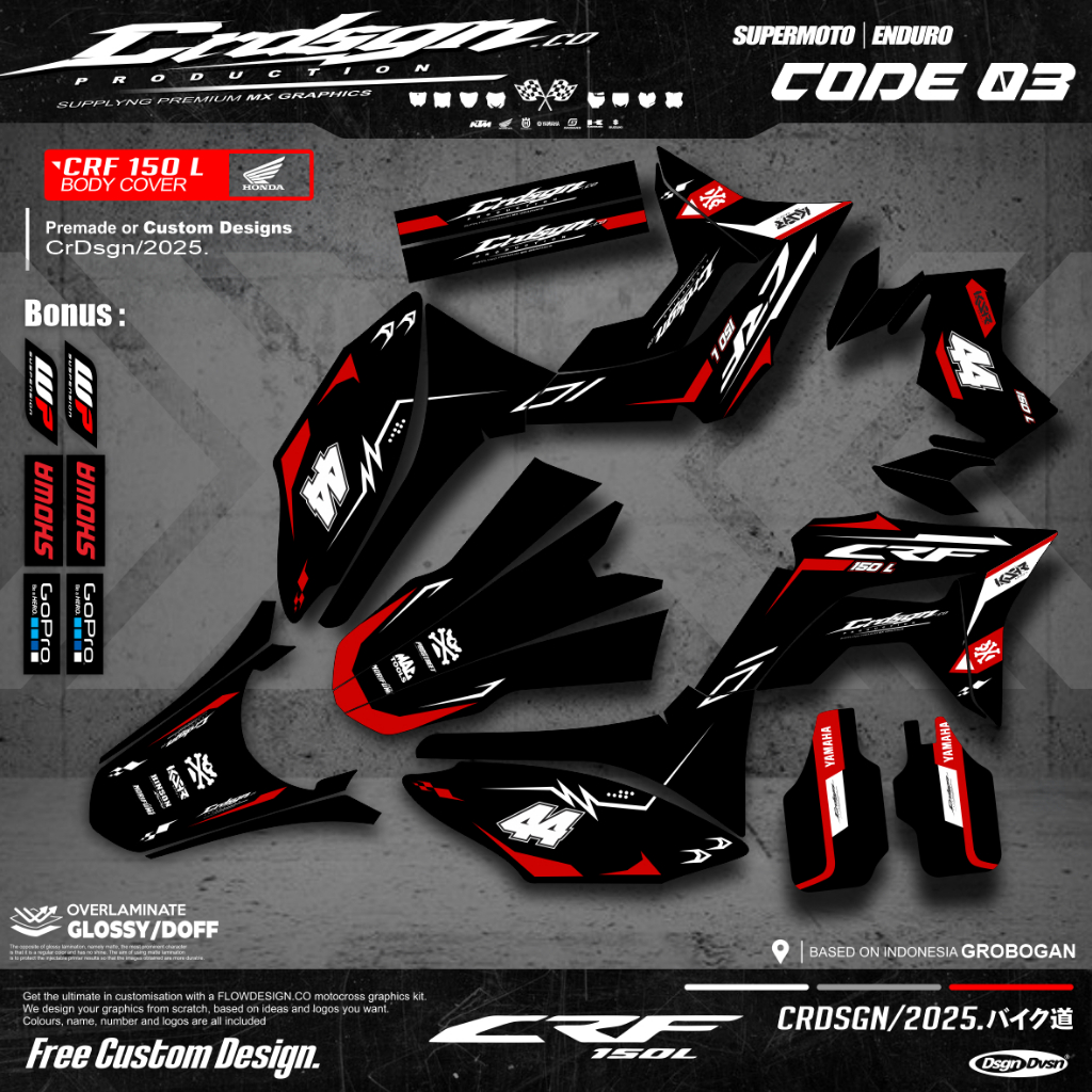 DECAL FULLBODY CRF 150 L MOTIF KOMBINASI WARNA MERAH DAN HITAM  CROME HOLOGRAM SUPERGLOSSY