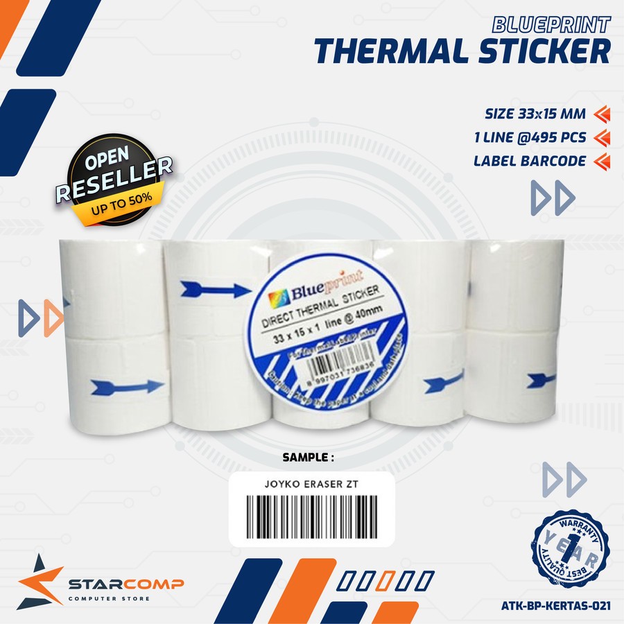 

Blueprint Kertas Label Sticker 33x15 mm 1 Line Direct Thermal Sticker 495pcs