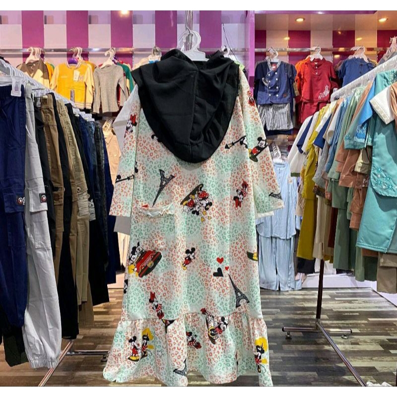 Gamis Mickey Mouse Set Kerudung Anak Cewe