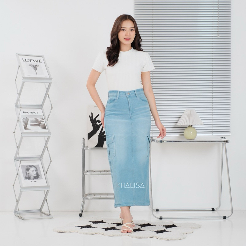 Rok Jeans Span Cargo Highwaist Premium Panjang Wanita
