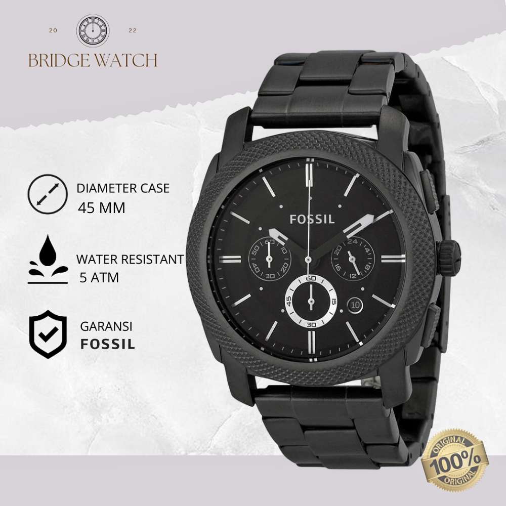 Jam Tangan Pria Fossil Machine Analog Strap Rantai Cowok Chronograph Hitam Smoke Stainless Steel Bla