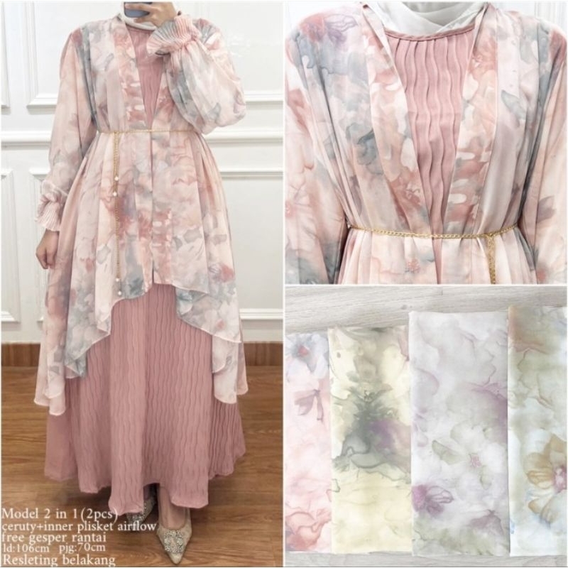 GAMIS PRISKET PREMIUM ETNIK MOTIF BUNGA PLUS CARDIGAN TERBARU / OUTER CERUTY CORAK BUNGA MIX INNER P